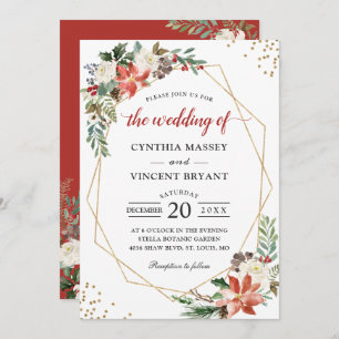 Poinsettia Floral Gold Geometric Christmas Wedding Invitation