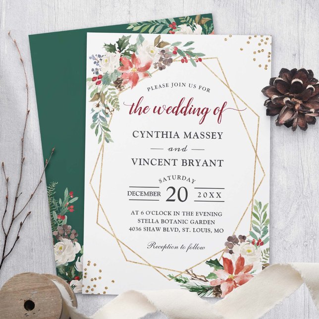 Poinsettia Floral Gold Geometric Frame Wedding Invitation (Creator Uploaded)