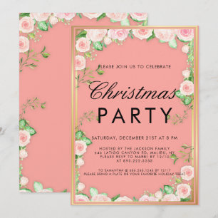 Poinsettia Floral Gold Glitter Pink Christmas  Invitation
