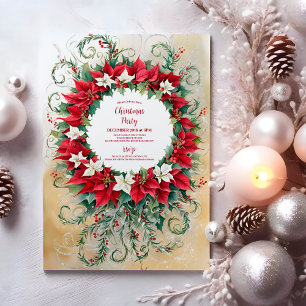 Poinsettia Floral Gold Glitter Red Christmas Party Invitation