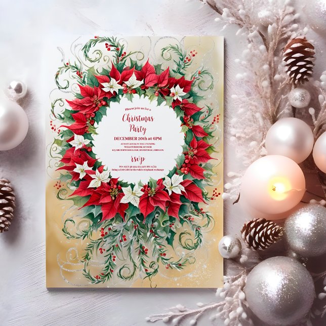 Poinsettia Floral Gold Glitter Red Christmas Party Invitation (Creator Uploaded)
