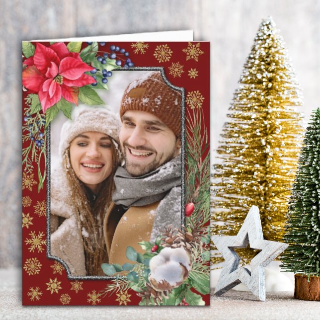 Poinsettia Floral Gold Snowflakes Christmas Holiday Card (Creator Uploaded)