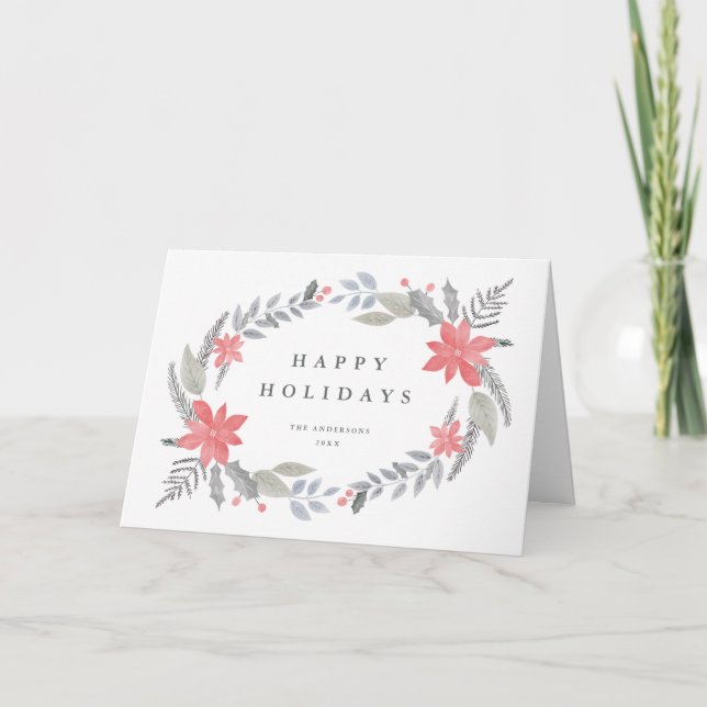 Poinsettia Floral Hand-drawn Holiday Garland Note Card (Front)