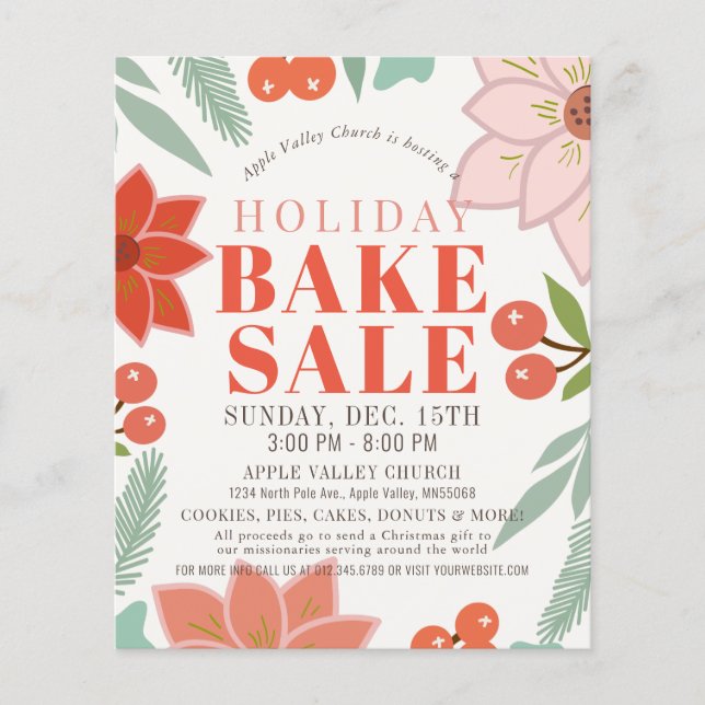 Poinsettia Floral Holiday Bake Sale Flyer (Front)