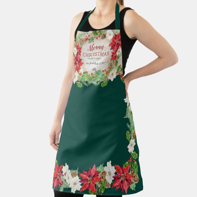 Poinsettia Floral Merry Christmas Farmhouse Green Apron (Insitu)