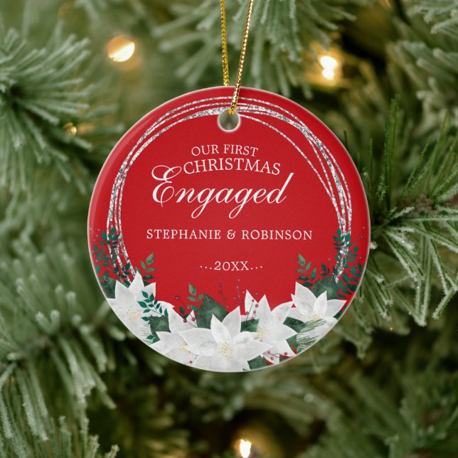 Poinsettia Floral Our First Christmas Engaged Ceramic Ornament (Tree)