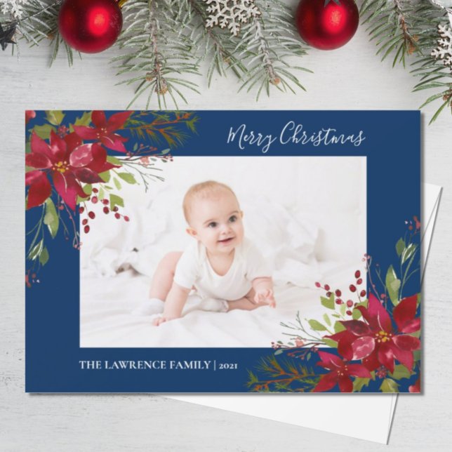 Poinsettia Floral Photo Navy Blue Christmas Holiday Card (Creator Uploaded)