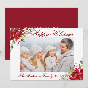 Poinsettia Floral Photo Red Happy Holidays Card