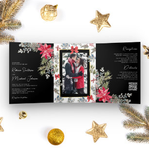 Poinsettia Floral QR Code Black Christmas Wedding Tri-Fold Invitation