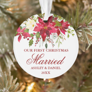 Poinsettia Floral Red First Christmas Married Ornament