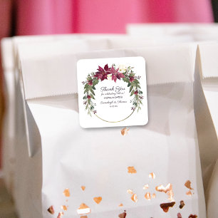 Poinsettia Floral Thank You Favour   Scarlet Red Square Sticker