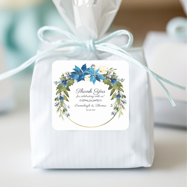 Poinsettia Floral Thank You Favour | Turquoise Blu Square Sticker (Creator Uploaded)