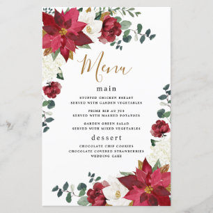 Poinsettia Floral Winter Red Wedding Menu Cards
