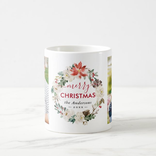 Poinsettia Floral Wreath Merry Christmas 2 Photos Coffee Mug (Center)