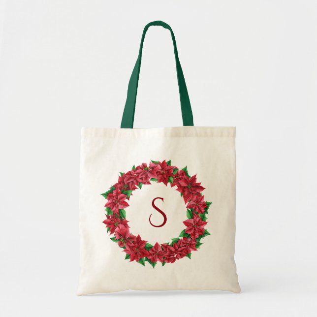 Poinsettia Floral Wreath Monogram Tote Bag (Front)