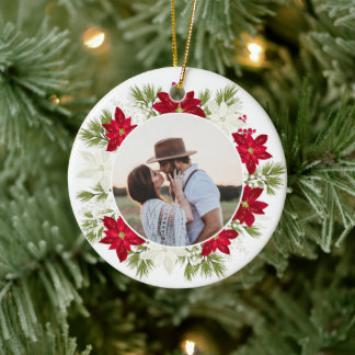 Poinsettia Flower and Pine Round Christmas Ceramic Ornament