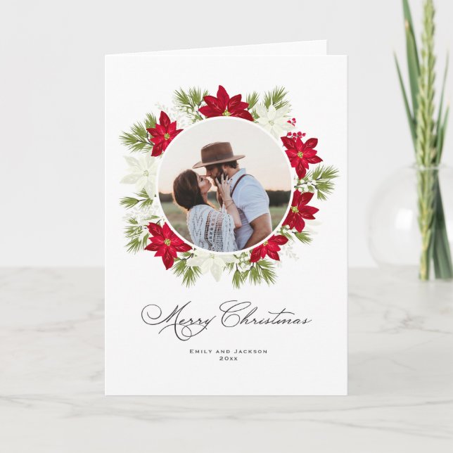 Poinsettia Flower and Pine Round Photo Card (Front)