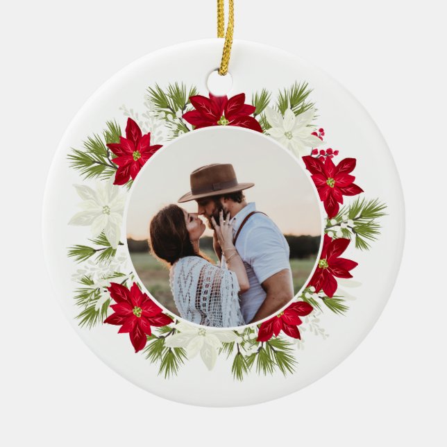 Poinsettia Flower and Pine Round Photo Ceramic Ornament (Front)