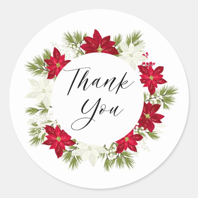 Poinsettia Flower and Pine Round Thank you Classic Round Sticker (Front)