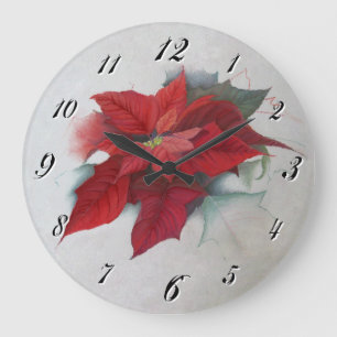 Poinsettia Flower Christmas Oil Painting Large Clock