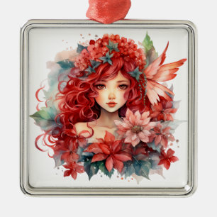 Poinsettia Flower Girl Metal Ornament