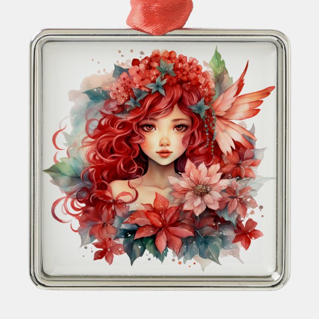 Poinsettia Flower Girl Metal Ornament (Front)