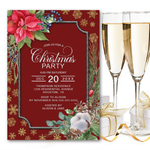 Poinsettia Flower Gold Snowflakes Christmas Party Invitation