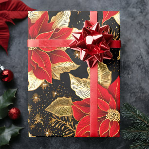 Poinsettia Flower in Gold Leaf Black   Christmas  Wrapping Paper