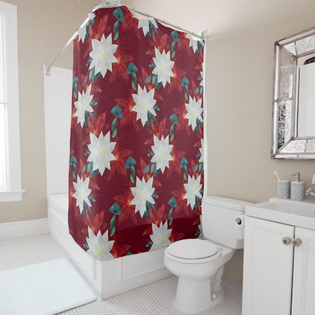 Poinsettia Flower Red and Green Christmas Floral Shower Curtain (In Situ)