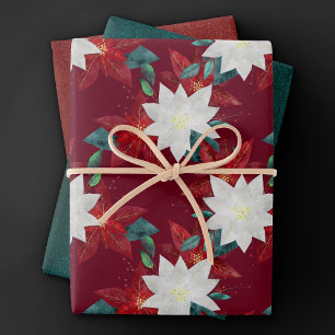 Poinsettia Flower Red and Green Christmas Floral Wrapping Paper Sheet