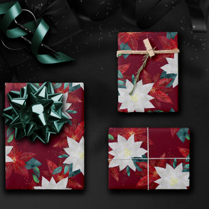 Poinsettia Flower Red and Green Christmas Floral Wrapping Paper Sheet