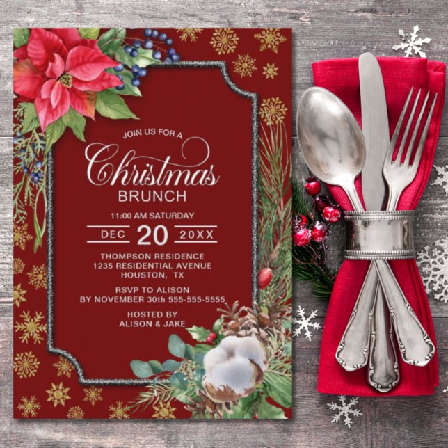  Poinsettia Flower Snowflakes Christmas Brunch Invitation (Creator Uploaded)
