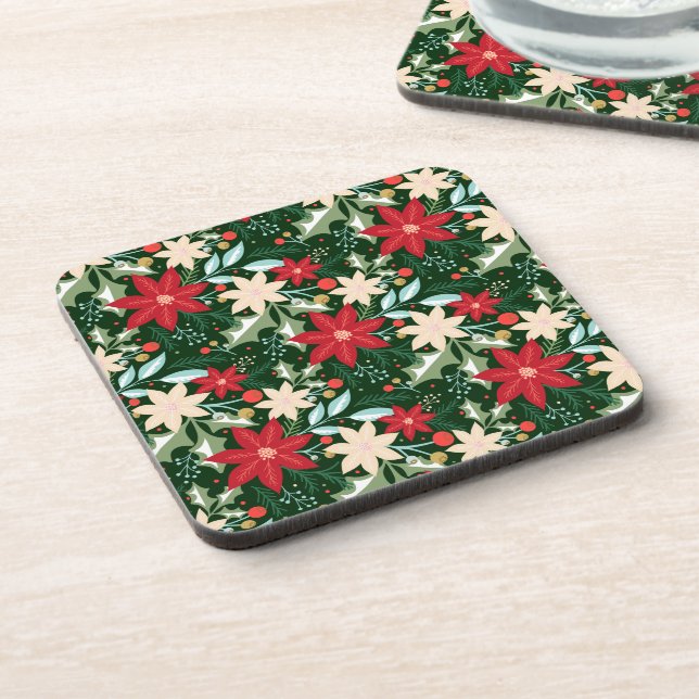Poinsettia Flowers and Leaves Holiday Christmas Coaster (Left Side)
