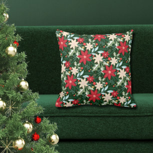 Poinsettia Flowers and Leaves Holiday Christmas Cushion