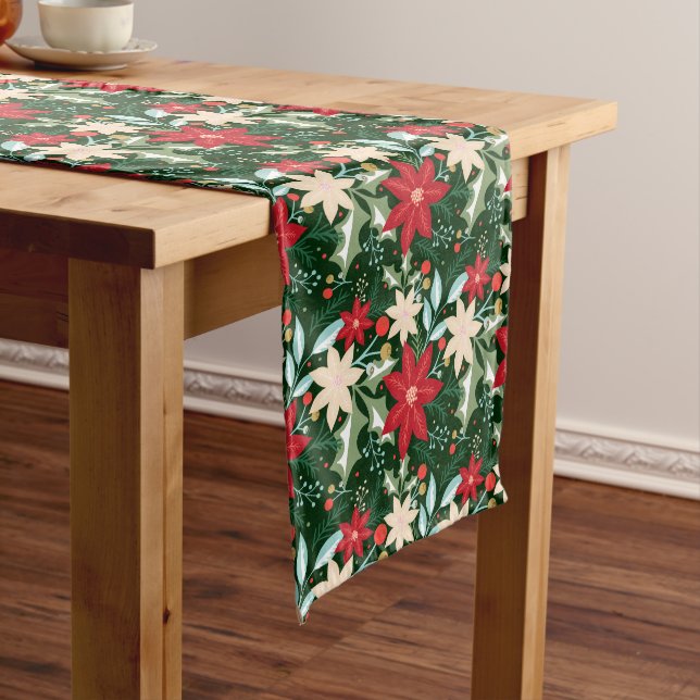 Poinsettia Flowers and Leaves Holiday Christmas Long Table Runner (In Situ)