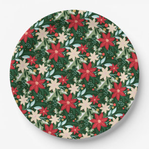Poinsettia Flowers and Leaves Holiday Paper Plate