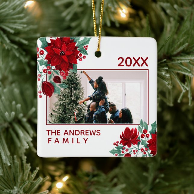 Poinsettia Flowers Ivy Leaves Christmas Photo Ceramic Ornament (Tree)