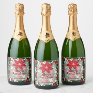 Poinsettia Flowers Leaves Holiday Christmas Sparkling Wine Label
