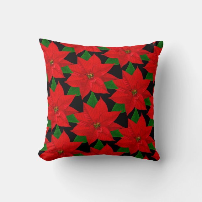 Poinsettia Flowers on Black Cushion (Front)