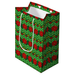 Poinsettia Flowers Red Gold and Green Holiday Medium Gift Bag