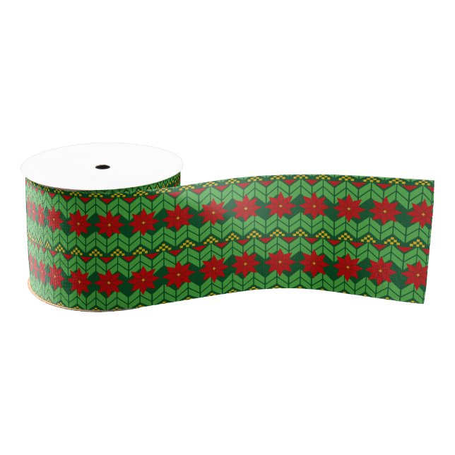 Poinsettia Flowers Red Gold and Green Pretty  Grosgrain Ribbon (Spool)