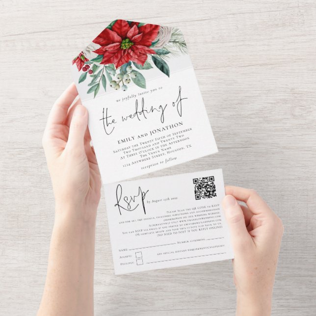Poinsettia Foliage QR Code Script Wedding All In One Invitation (Tearaway)