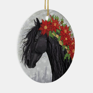 Poinsettia Friesian Horse Ceramic Ornament
