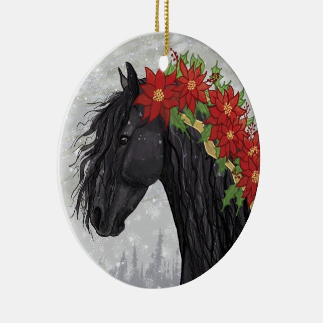 Poinsettia Friesian Horse Ceramic Ornament (Right)