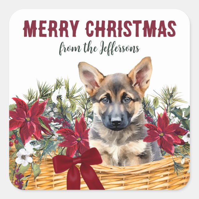 Poinsettia German Shepherd Christmas Basket Square Sticker (Front)