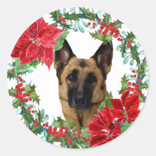 Poinsettia German Shepherd Dog Christmas Wreath Classic Round Sticker
