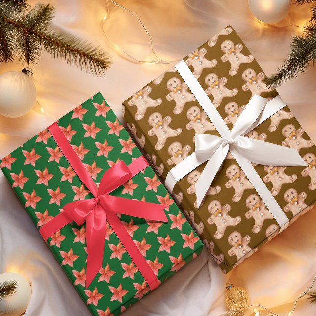 Poinsettia Gingerbread Holly Leaves  Wrapping Paper Sheet (Creator Uploaded)