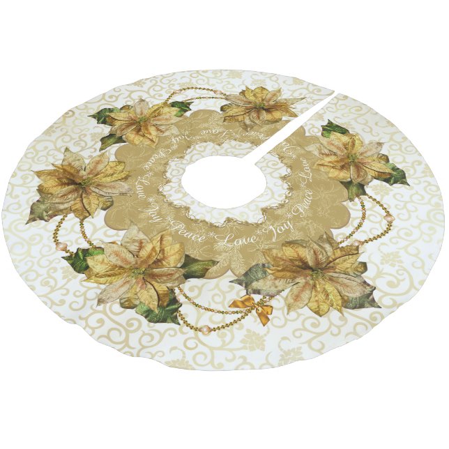 Poinsettia Gold Christmas Tree Skirt (Angled)