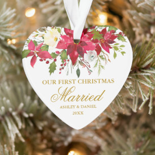 Poinsettia Gold First Christmas Married Heart Ornament