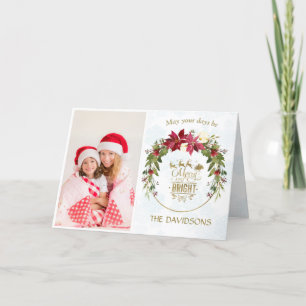 Poinsettia Gold Merry And Bright Photo Christmas Holiday Card